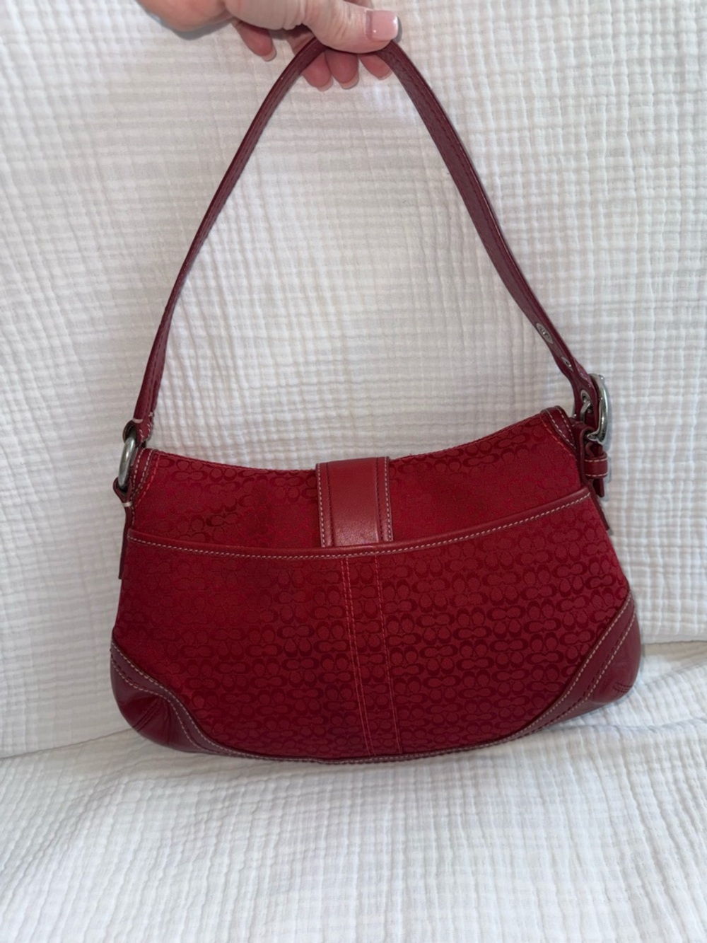 Coach Rare Soho Signature Buckle Flap Shoulder Bag Red Jacquard Leather Trim Y2K - Picture 5 of 12